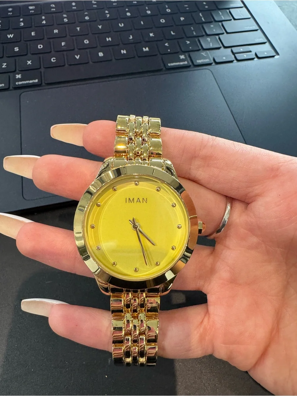 New IMAN Global Chic Gold-Tone Minimalist Yellow Dial Bracelet Watch
